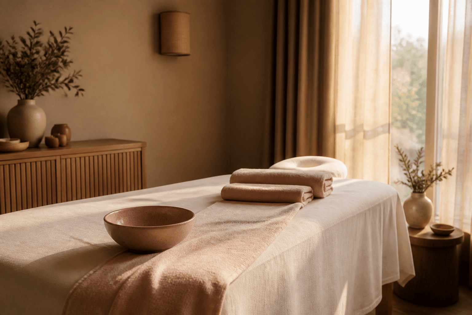 A calm spa treatment room dressed in ivory linen
